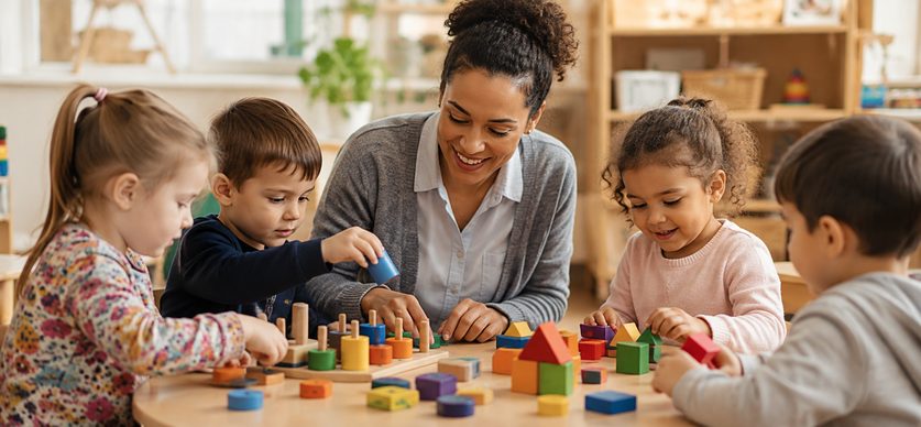 Early years practitioner supporting young children through play-based learning